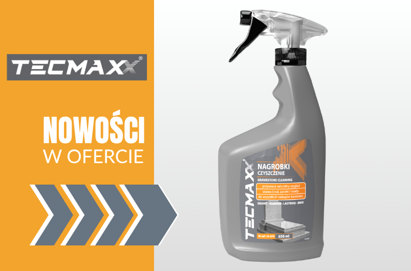 Grafika promująca nowość w ofercie TECMAXX – preparat do czyszczenia nagrobków 650 ml w szarej butelce z atomizerem, na biało-pomarańczowym tle z napisem „Nowości w ofercie”.