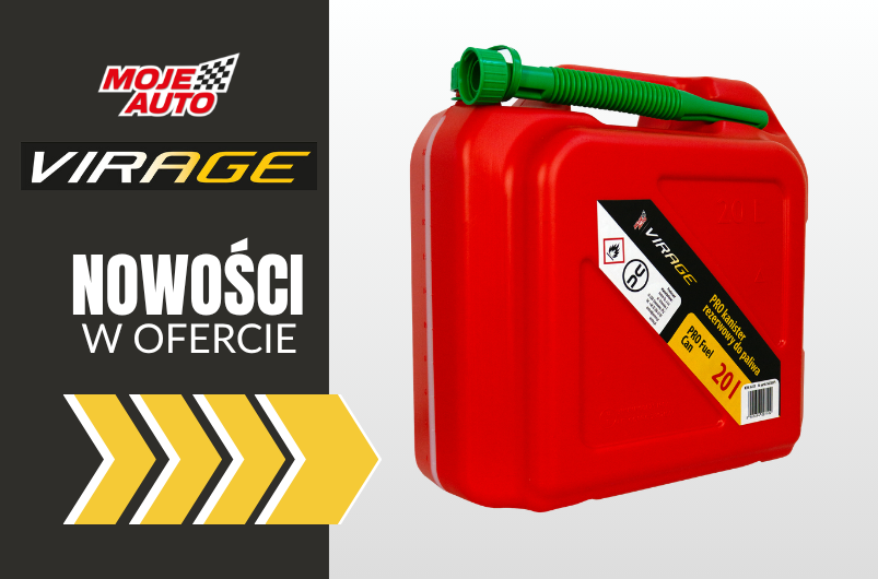 Grafika przedstawiająca nowość w ofercie Moje Auto VIRAGE – czerwony kanister rezerwowy do paliwa PRO 20 l z zielonym lejkiem.
