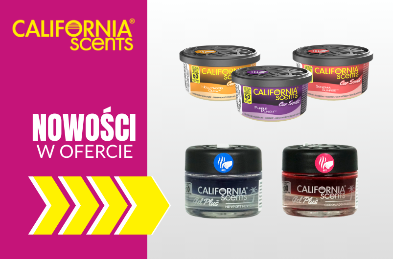 Grafika przedstawiająca nowości w ofercie California Scents – trzy aluminiowe puszki zapachowe Can Air Freshener oraz dwa żelowe odświeżacze Gel Plus w nowych wariantach zapachowych.