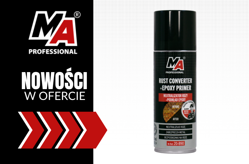 Grafika przedstawia nowość w ofercie MA PROFESSIONAL – Neutralizator rdzy + podkład epoxy Spray 200 ml. Po lewej stronie widoczne jest logo marki i napis „Nowości w ofercie”, a po prawej opakowanie produktu.