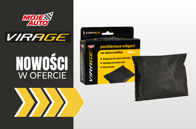 Grafika MOJE AUTO VIRAGE „Nowości w ofercie” przedstawiająca pochłaniacz wilgoci 500 g w opakowaniu oraz czarny wkład pochłaniający wilgoć.