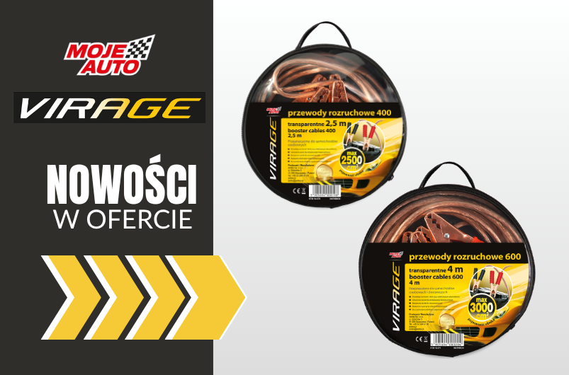 Grafika MOJE AUTO VIRAGE „Nowości w ofercie” przedstawiająca pochłaniacz wilgoci 500 g w opakowaniu wraz z czarnym wkładem pochłaniającym wilgoć.