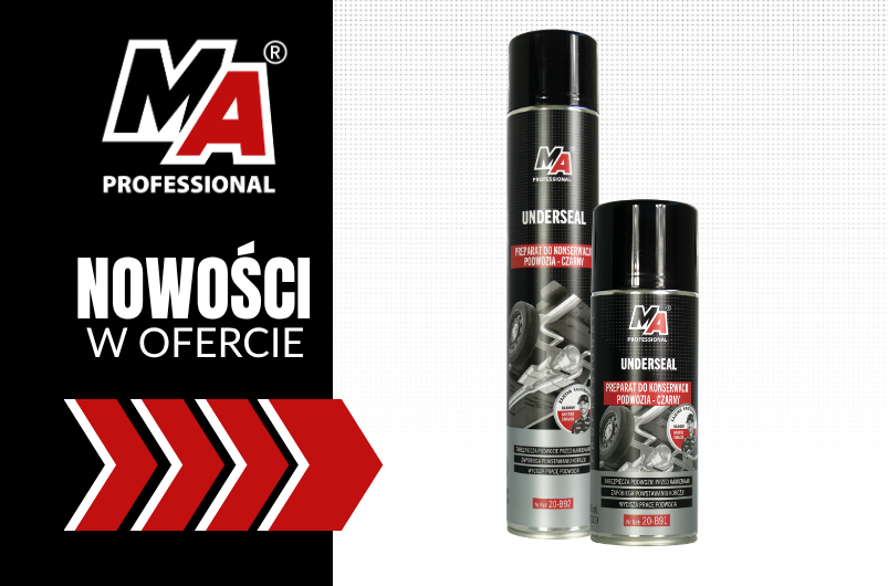 Grafika MA Professional „Nowości w ofercie” przedstawiająca Preparat do Konserwacji Podwozia „Baranek” w dwóch nowych pojemnościach: 400 ml i 750 ml.